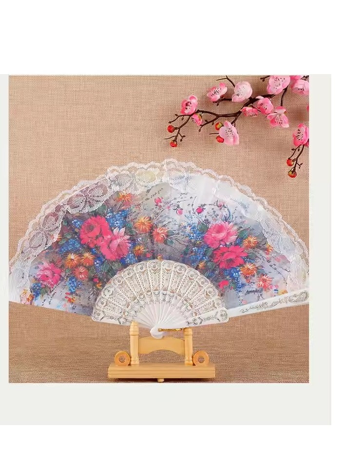 Generic - Folding Fan, Handheld Fan with Plastic Frame - Colorful Flower Patterns - Image 1