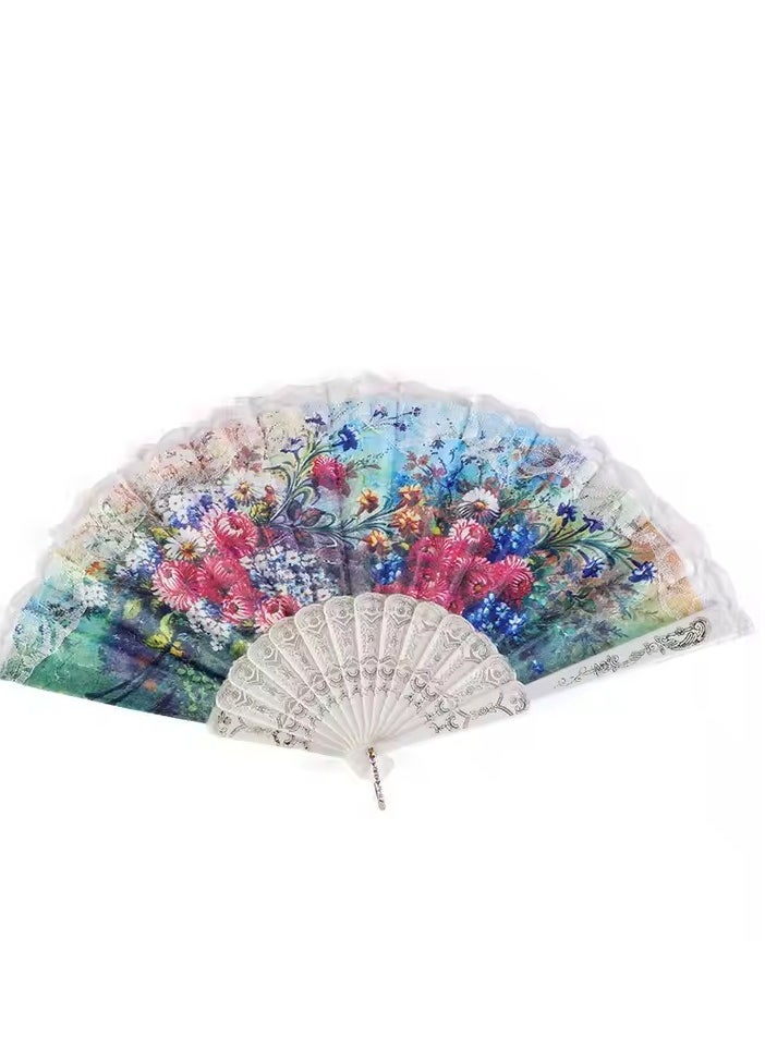 Generic - Folding Fan, Handheld Fan with Plastic Frame - Colorful Flower Patterns - Image 1