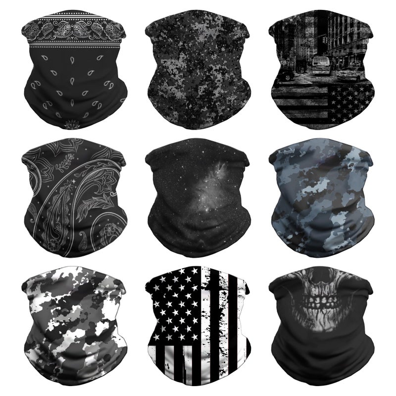 VCZUIUC Headwear Bandana Head Wrap Face Scarf Mask Neck Warmer Balaclava for Sports (Medium (Quick Dry), 9pcs: Modern Black) - Image 1