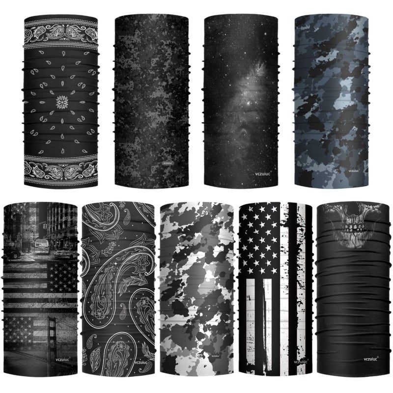 VCZUIUC Headwear Bandana Head Wrap Face Scarf Mask Neck Warmer Balaclava for Sports (Medium (Quick Dry), 9pcs: Modern Black) - Image 2