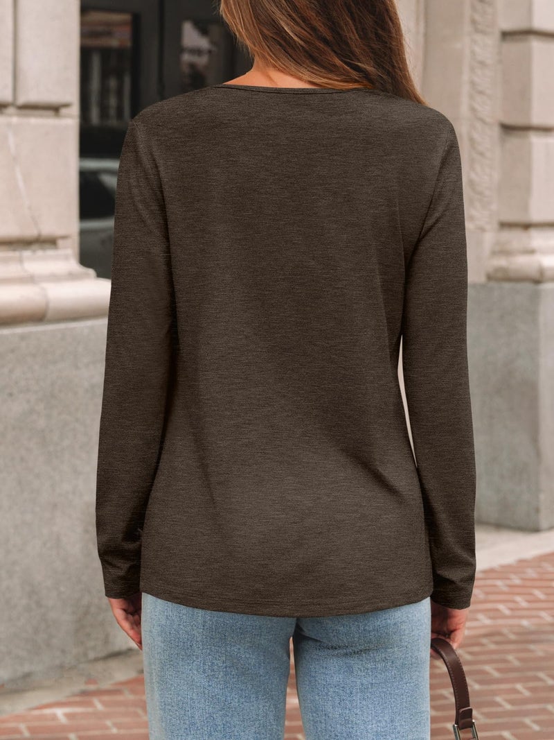 AUTOMET Chocolate Brown Spring Clothes Brown Top V Neck Casual Comfortable Shirt Soft Basic Tees Women Blouses Chocolate L - Image 4