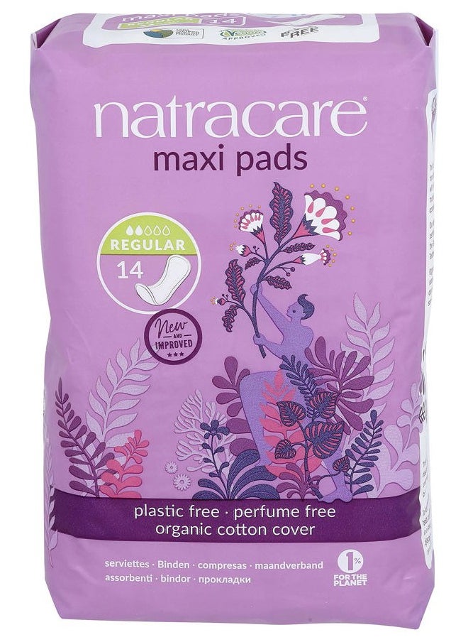 Natracare Natural Traditional Style Maxi Pads, Regular, Individually Wrapped, Without Wings in Plant-Based Bag (1 Pack, 14 Pads Total)