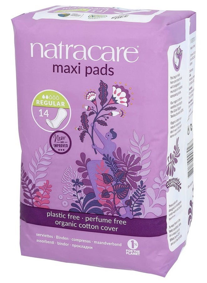 Natracare Natural Traditional Style Maxi Pads, Regular, Individually Wrapped, Without Wings in Plant-Based Bag (1 Pack, 14 Pads Total)