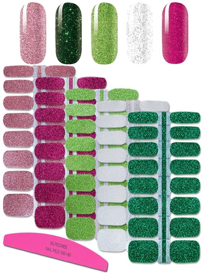 SILPECWEE 5 Sheets Glitter Nail Polish Stickers Self Adhesive Nail Wraps for Women Nail Strips Real Nail Polish Nail Art Accessories with 1pc Nail File - Image 1