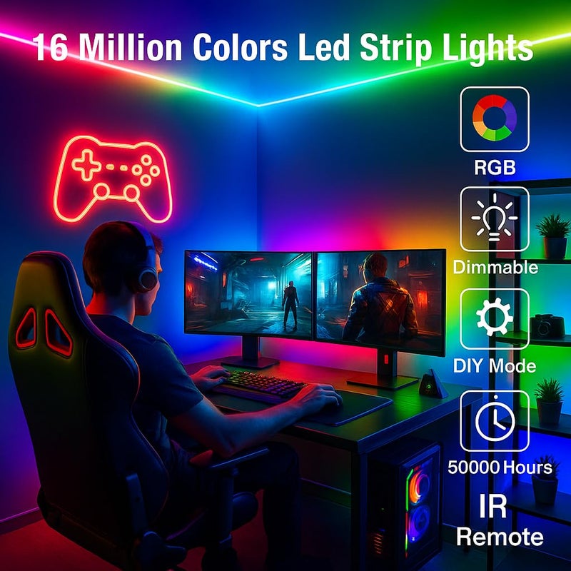 Gesto شريط إضاءة LED RGB نحاسي بطول 5 متر مع محول، 300 ليد 5050 شريط متعدد الألوان مع تحكم عن بعد بـ 16 وضع ولصق، شريط LED للتلفاز، إعداد الألعاب، السقف، غرفة النوم، الحفلات، ديوالي وزينة المنزل - Image 3