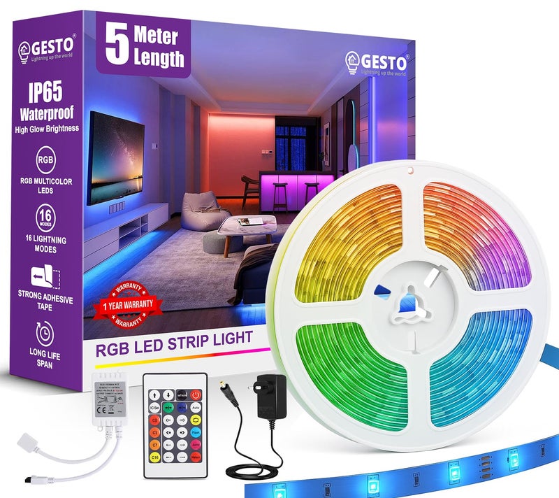 Gesto شريط إضاءة LED RGB نحاسي بطول 5 متر مع محول، 300 ليد 5050 شريط متعدد الألوان مع تحكم عن بعد بـ 16 وضع ولصق، شريط LED للتلفاز، إعداد الألعاب، السقف، غرفة النوم، الحفلات، ديوالي وزينة المنزل - Image 1
