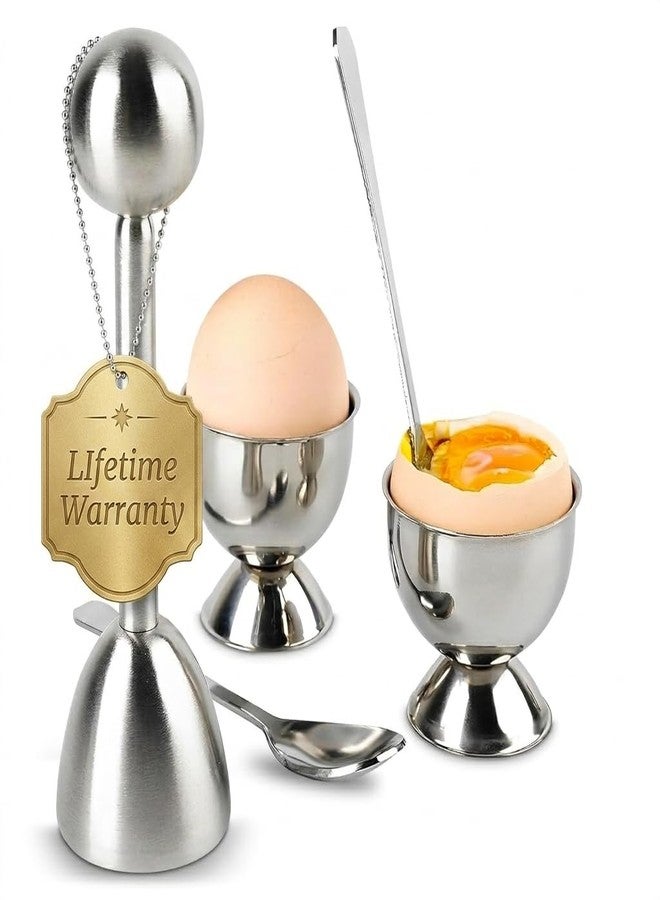 ZOKLU Egg Shell Opener Set – 2 Pcs Egg Cups for Soft Boiled Eggs & Hard Boiled Eggs (Fits L–XL Sizes), 2 Pcs Spoons, Stainless Steel Build – Ergonomic Design with Adjustable Effort for Precise Cracking - Image 1