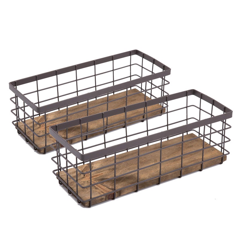 Tieyipin Small Metal Wire Storage Basket  Detachable Wood Base Storage Organizer Bin Basket For Kitchen Cabinets  Bathroom  Pantry  Garage  Laundry Room - Brown (2 Pack) - Image 1