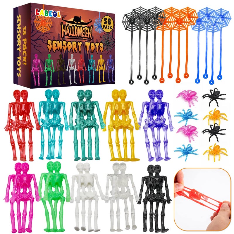 Labeol 58PCS Halloween Party Favors Stretchy Toys Halloween Treats Skeleton Spider Spiderweb for Kids Boys Girls Assorted Color Squishy Toys for Happy Halloween Goody Bag Fillers Treats Non Candy Gifts - Image 2