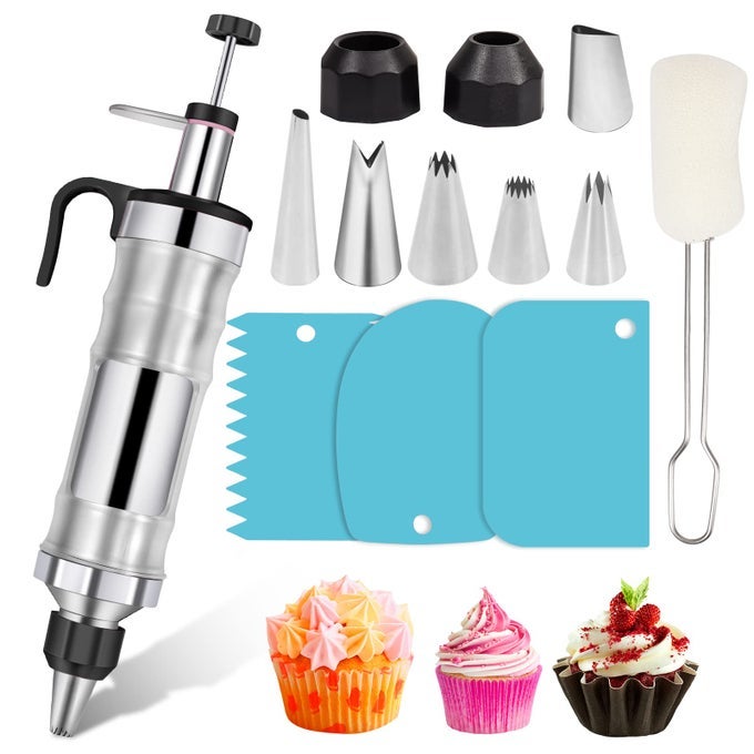 DESSERT DECORATING SYRINGE SET FROSTING PIPING KIT STAINLESS STEELS CAKE DECORATING TOOL 6 RUSSIAN PIPING ICING NOZZLES CREAM SCRAPER CUPCAKE FROSTING FILLING INJECTOR CAKE ICING TOOLS