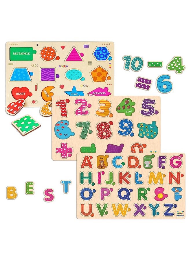 Webby Wooden Educational Colorful Alphabets, Counting Numbers and Shapes Puzzle for Preschool Kids - Set of 3 - Image 1