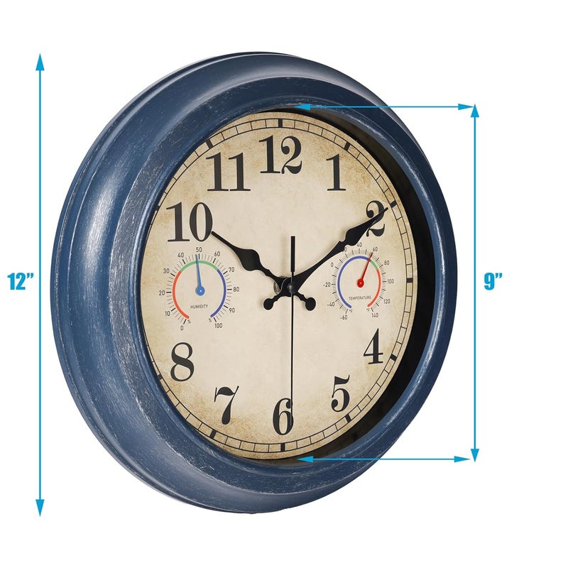Alarllok 12 Inch Outdoor Clock with Thermometer and Hygrometer Combo, Waterproof Indoor Outdoor Wall Clocks for Patio, Pool,Garden Decor- Blue - Image 3