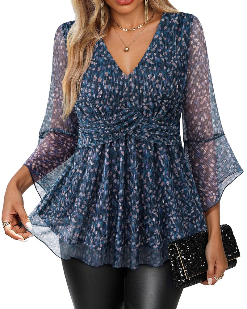 VALOLIA Womens Blouses, Dressy Tops for Women for Wedding V Neck Sparkly Fancy Tops for Evening Party Festival Wedding Guest Outfit for Women Bell Sleeves Stylish Flattering Top Blue XXL - Image 1
