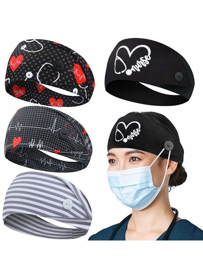 ABAMERICA Headbands with Button for Mask, Wide Nurses Headbands Non Slip Elastic Ear Protection for Women Men Doctors Sweatband Head Wrap (BUTTON- 4 PACK COLOR07)  - Image 1