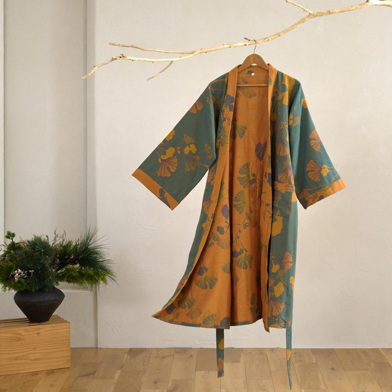 Purefair 100% Cotton Gauze Ginkgo Leaf Kimono Robe, Long Knit Loose Bathrobe Nightgown Ladies Loungewear Sleepwear for Women - Image 2