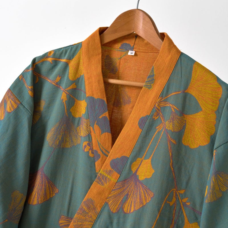 Purefair 100% Cotton Gauze Ginkgo Leaf Kimono Robe, Long Knit Loose Bathrobe Nightgown Ladies Loungewear Sleepwear for Women - Image 3