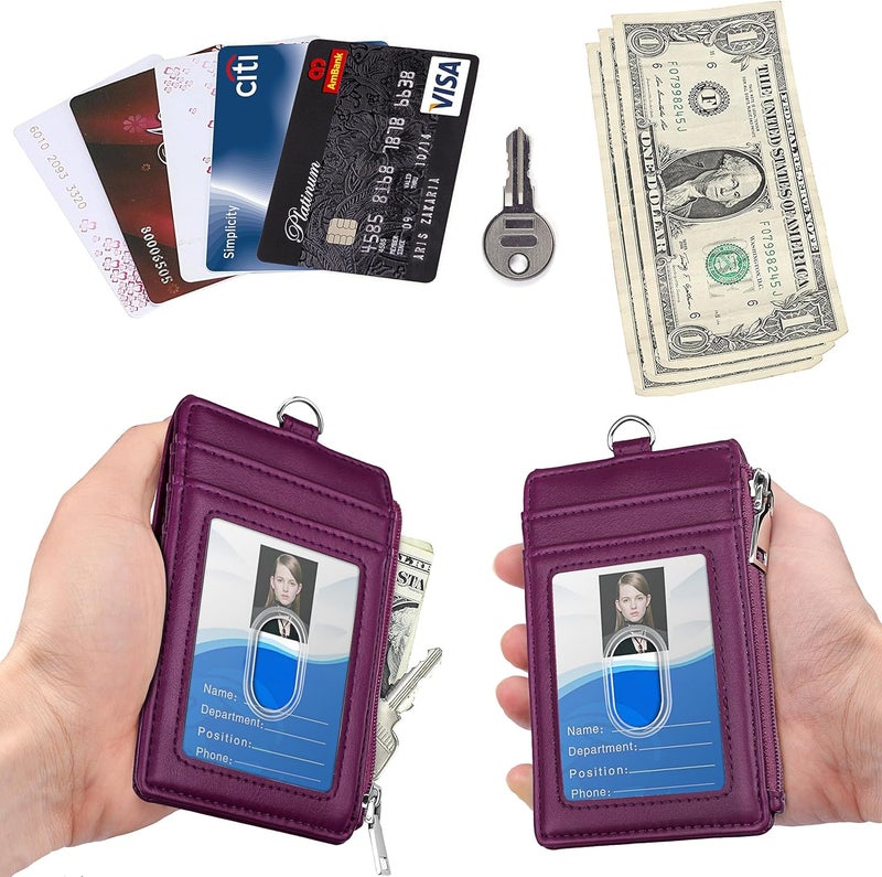 اي ال في حامل شارة ELV مع سحاب، محفظة حامل بطاقة هوية من جلد PU مع 5 فتحات للبطاقات، جيب حجب RFID جانبي واحد وحزام رقبة بطول 20 بوصة لهوية المكاتب، هوية المدرسة، رخصة القيادة (أرجواني) - Image 2