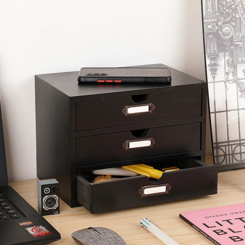 PACKGILO Wooden Storage Box Rustic Desktop Organizer with 3 Drawers Office Desk Accessories Shelf Small Craft Storage Containers Apothecary Cabinet and Chest Jewelry Holder for women(BLACK) - Image 2