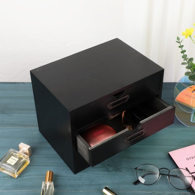 PACKGILO Wooden Storage Box Rustic Desktop Organizer with 3 Drawers Office Desk Accessories Shelf Small Craft Storage Containers Apothecary Cabinet and Chest Jewelry Holder for women(BLACK) - Image 5