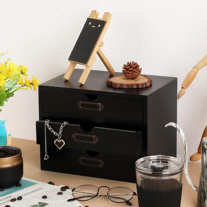 PACKGILO Wooden Storage Box Rustic Desktop Organizer with 3 Drawers Office Desk Accessories Shelf Small Craft Storage Containers Apothecary Cabinet and Chest Jewelry Holder for women(BLACK) - Image 4