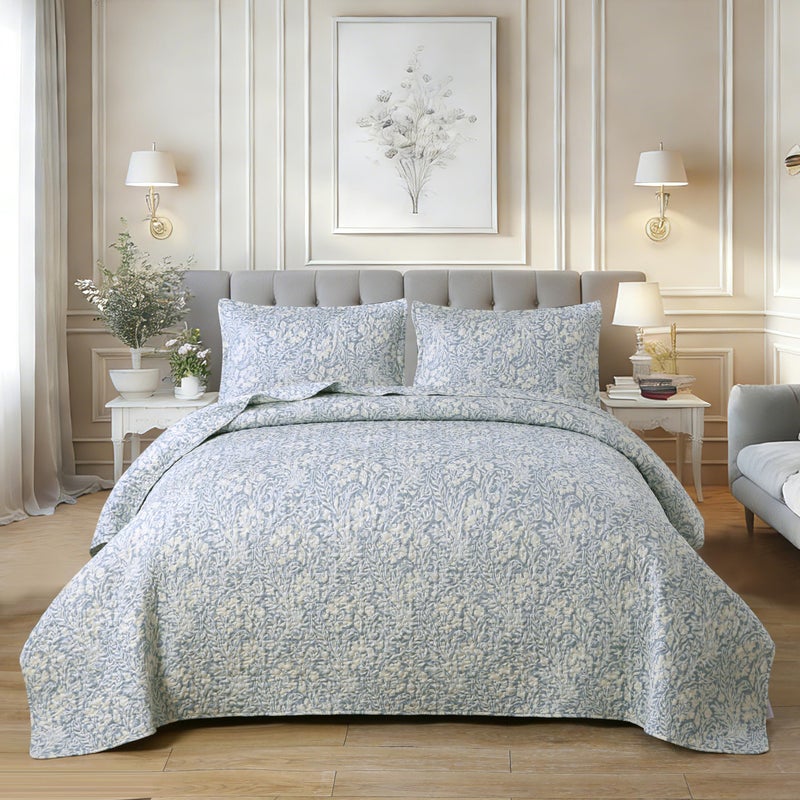DURLENGEN Quilt Set California King Size 3Pcs,Bluish Grey Printed with Beige Leaves Pattern,Soft Microfiber Lightweight Bedspread for All Season Layering(112x104,Beige Botanical) - Image 1