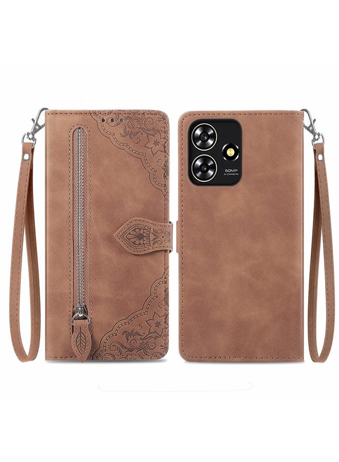 Green Tiger For ZTE Blade A73 4G Embossed Flower Zipper Leather Phone Case(Brown)