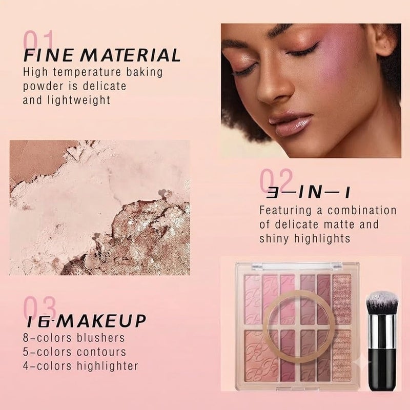 12-Color Blush Contour Highlighter Makeup Palette, All-in-One Shimmer Silky Matte Mineral Blush Powder Palette, Face Sculpting Bronzer Blusher Illuminator for a Natural Glow - Image 1