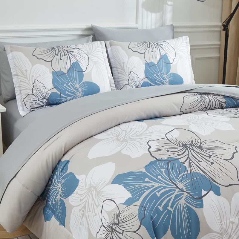 Luxudecor Floral Comforter Set Queen Size, Blue Floral Comforter and Sheet Set, 7 Pieces Bed in a Bag Soft Microfiber Complete Bedding Sets for All Seasons 90"Ã—90" - Image 3