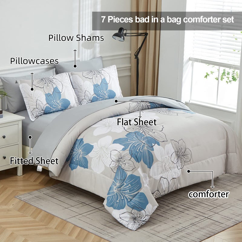 Luxudecor Floral Comforter Set Queen Size, Blue Floral Comforter and Sheet Set, 7 Pieces Bed in a Bag Soft Microfiber Complete Bedding Sets for All Seasons 90"Ã—90" - Image 2