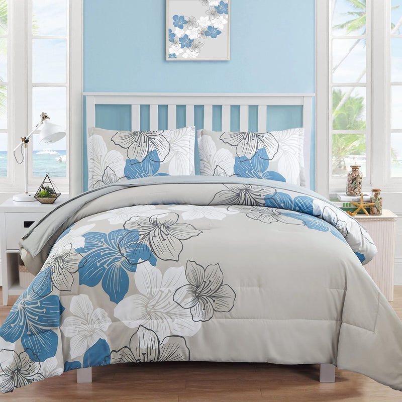Luxudecor Floral Comforter Set Queen Size, Blue Floral Comforter and Sheet Set, 7 Pieces Bed in a Bag Soft Microfiber Complete Bedding Sets for All Seasons 90"Ã—90" - Image 1