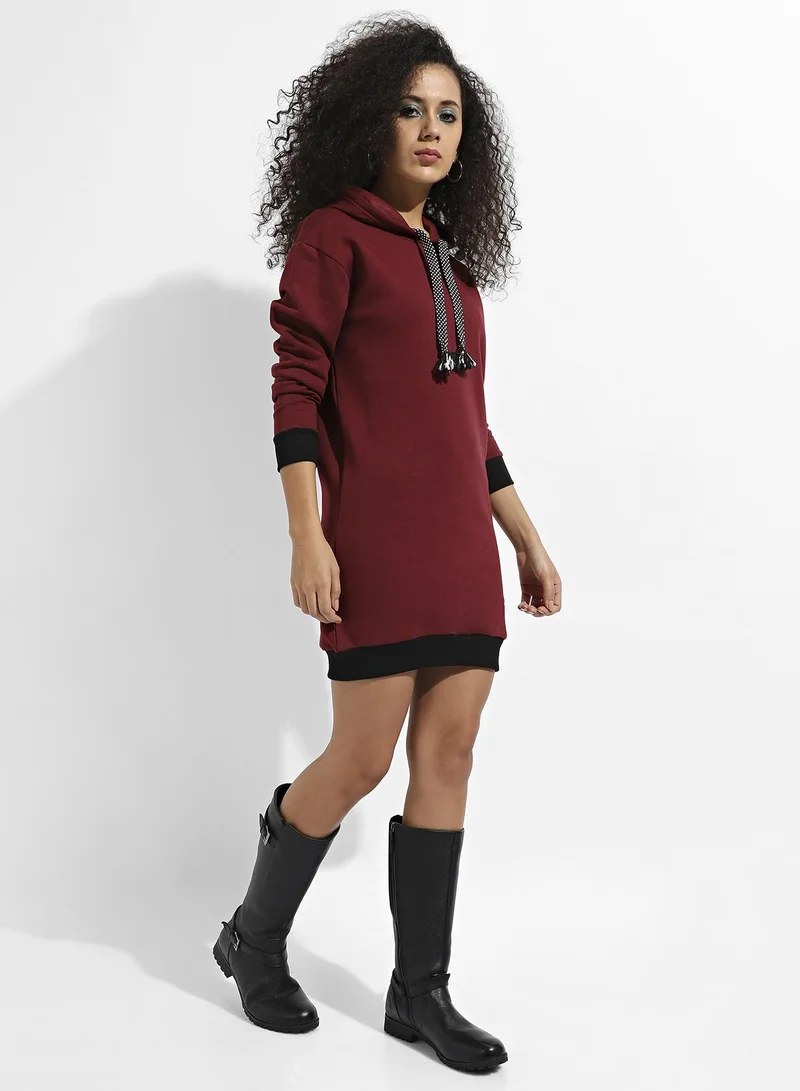 Pinacolada  Women's Maroon Hoodie Dress With Contrast Hem for Women | Best Price UAE