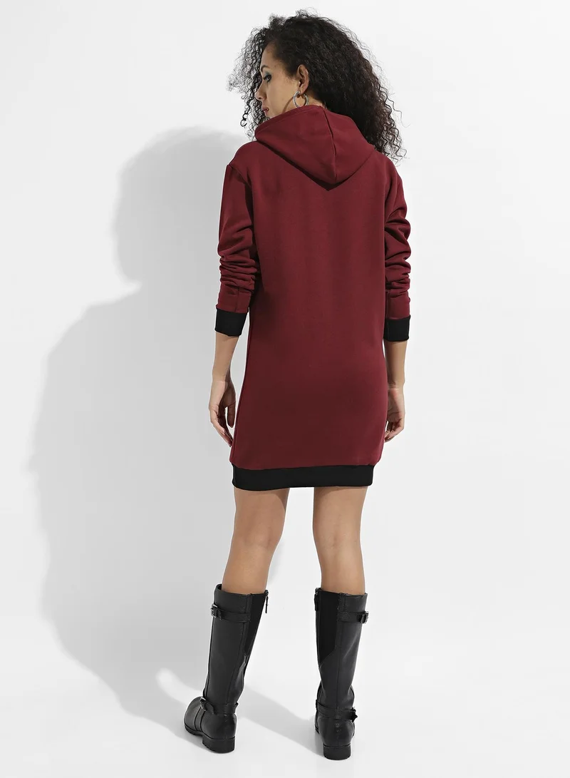 Pinacolada  Women's Maroon Hoodie Dress With Contrast Hem for Women | Best Price UAE