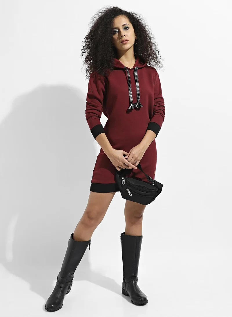 Pinacolada  Women's Maroon Hoodie Dress With Contrast Hem for Women | Best Price UAE