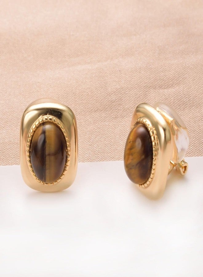 Yoursfs Brown Tiger Eye Gemstone Clip on Earrings for Women Small Clip on Earrings for Women Trendy 18K Gold Plated Non Pierced Earring - Image 4