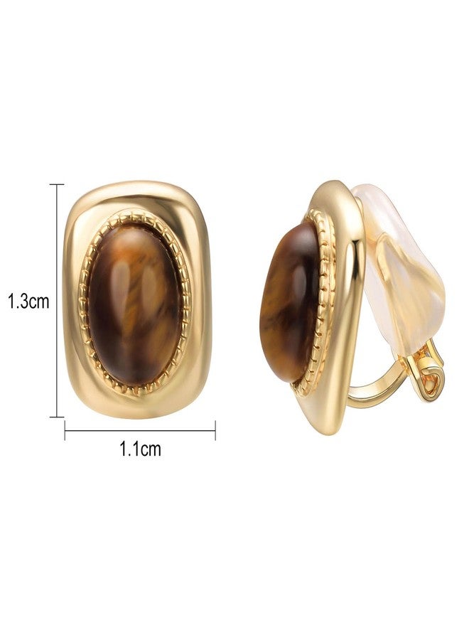 Yoursfs Brown Tiger Eye Gemstone Clip on Earrings for Women Small Clip on Earrings for Women Trendy 18K Gold Plated Non Pierced Earring - Image 2