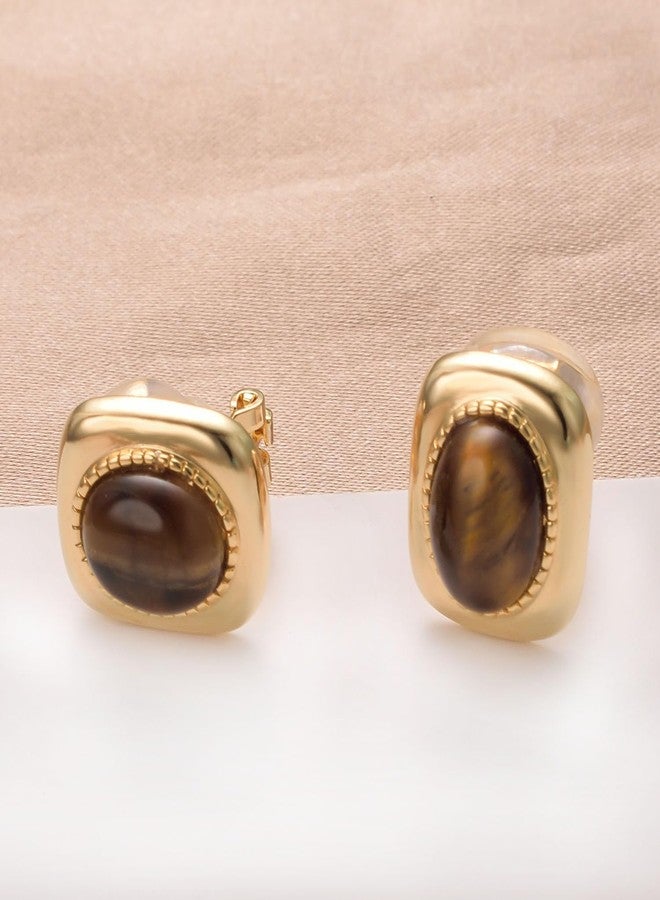 Yoursfs Brown Tiger Eye Gemstone Clip on Earrings for Women Small Clip on Earrings for Women Trendy 18K Gold Plated Non Pierced Earring - Image 5