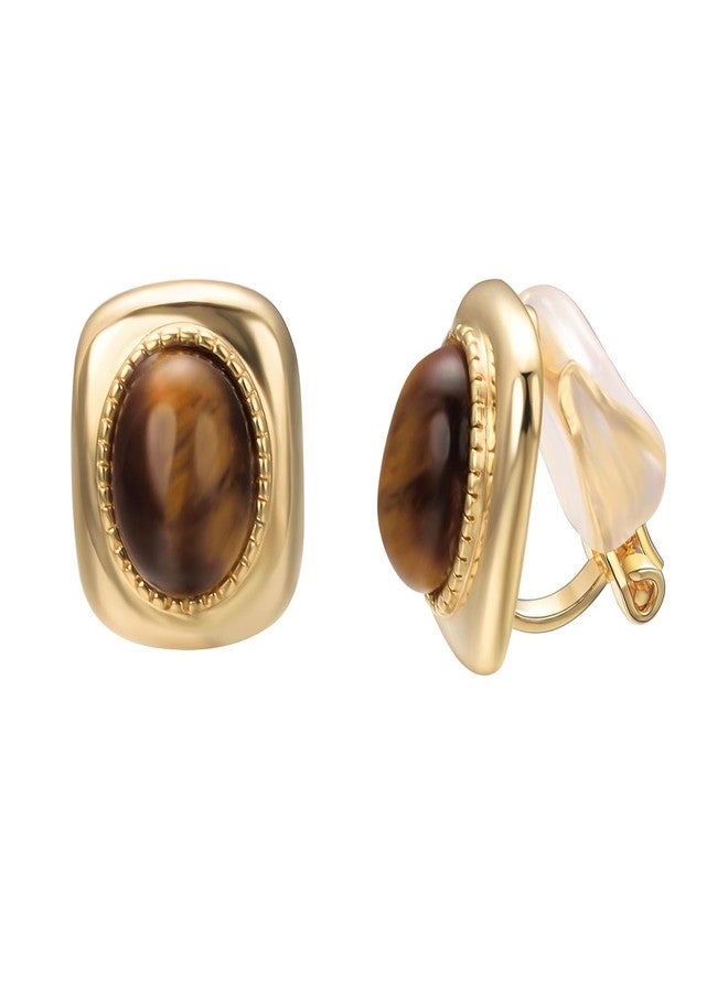 Yoursfs Brown Tiger Eye Gemstone Clip on Earrings for Women Small Clip on Earrings for Women Trendy 18K Gold Plated Non Pierced Earring - Image 1