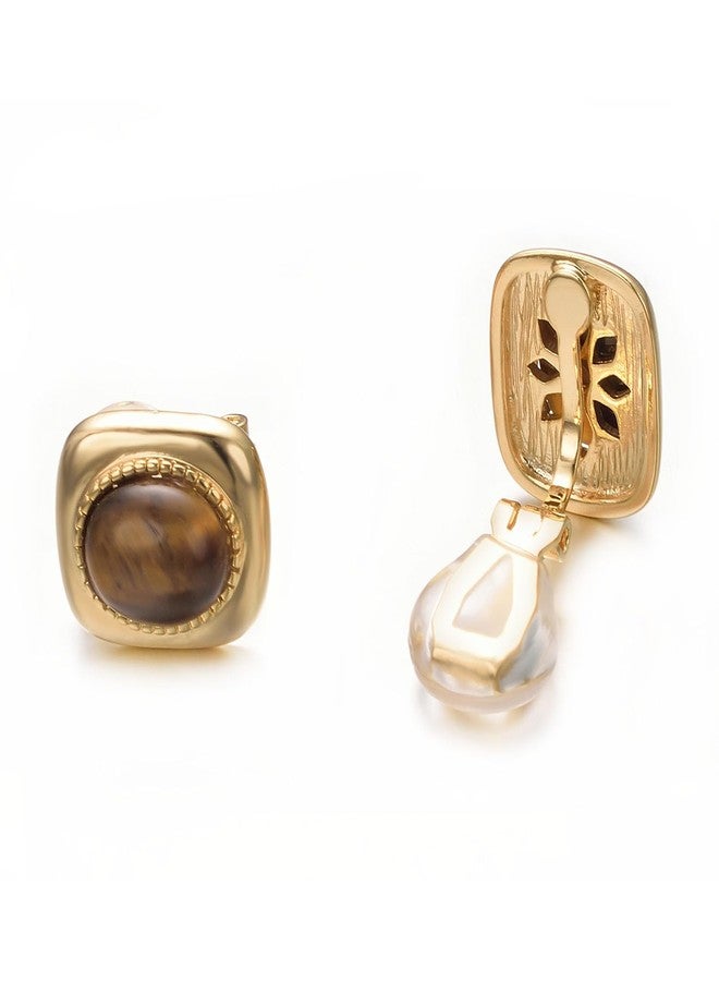 Yoursfs Brown Tiger Eye Gemstone Clip on Earrings for Women Small Clip on Earrings for Women Trendy 18K Gold Plated Non Pierced Earring - Image 3