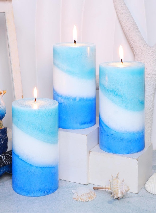 Immeiscent Ocean Scented Blue Pillar Candles 3x4 Inches Hand-Poured Long Lasting Burn Fresh Sea Aroma Aesthetics Decorative Candle for Home Wedding Seaside Nautical Party - Image 1