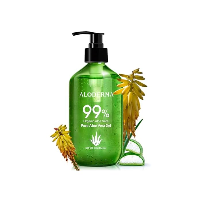 Aloderma Aloe Vera Gel Made within 12 Hours of Harvest with 99% Pure Organic Aloe Vera - Pump Bottle - Ideal for Face and Body, Soothing & Hydrating Sunburn Relief, Great for Scalp & Hair - 10.6oz