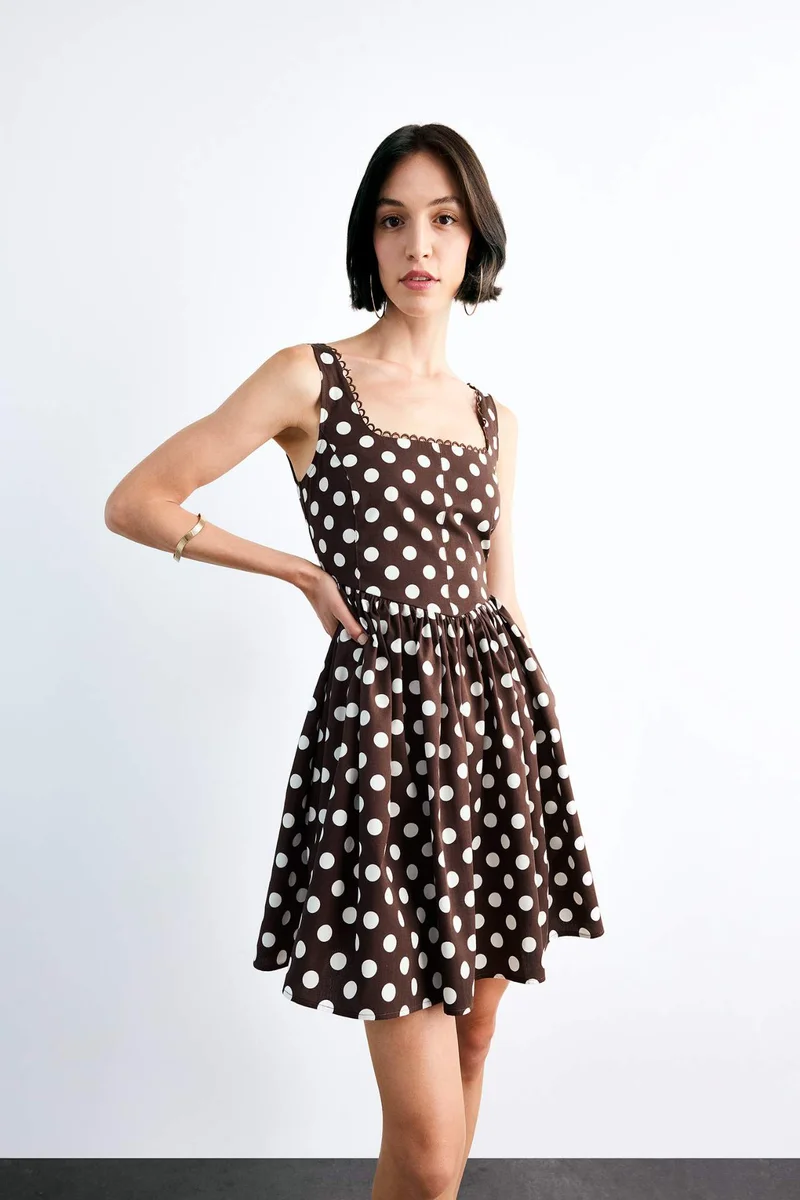 Defacto  Square Neck Polka Dot Patterned Sleeveless Midi Dress for Women | Best Price UAE