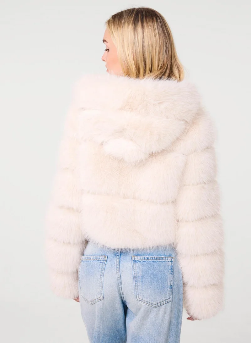 Pink Vanilla  Hooded Faux Fur Cropped Coat for Women | Best Price UAE
