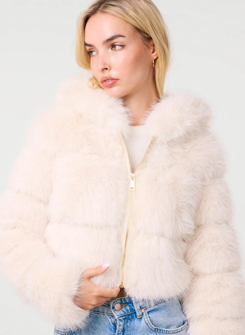 Pink Vanilla  Hooded Faux Fur Cropped Coat for Women | Best Price UAE