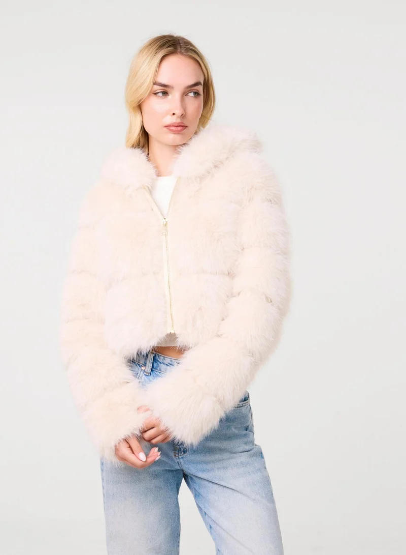 Pink Vanilla  Hooded Faux Fur Cropped Coat for Women | Best Price UAE