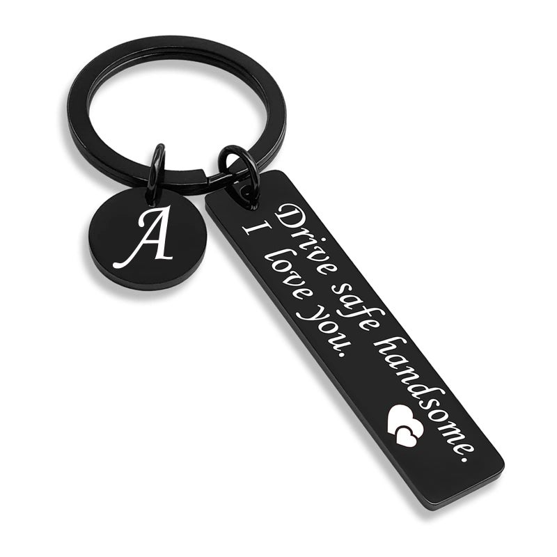 OUMILAN Drive Safe Keychain 26 Letters Keychain Gifts for Boyfriend Couple Husband Dad Birthday Christmas Valentines Day Gifts (A-Black) - Image 1