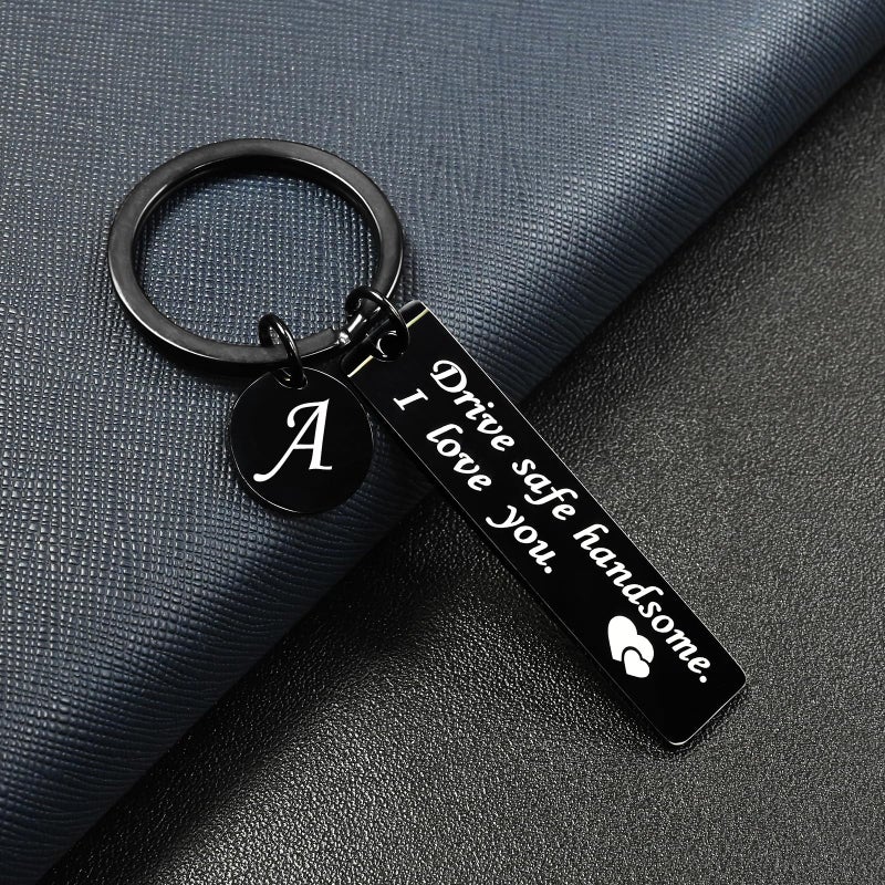 OUMILAN Drive Safe Keychain 26 Letters Keychain Gifts for Boyfriend Couple Husband Dad Birthday Christmas Valentines Day Gifts (A-Black) - Image 4