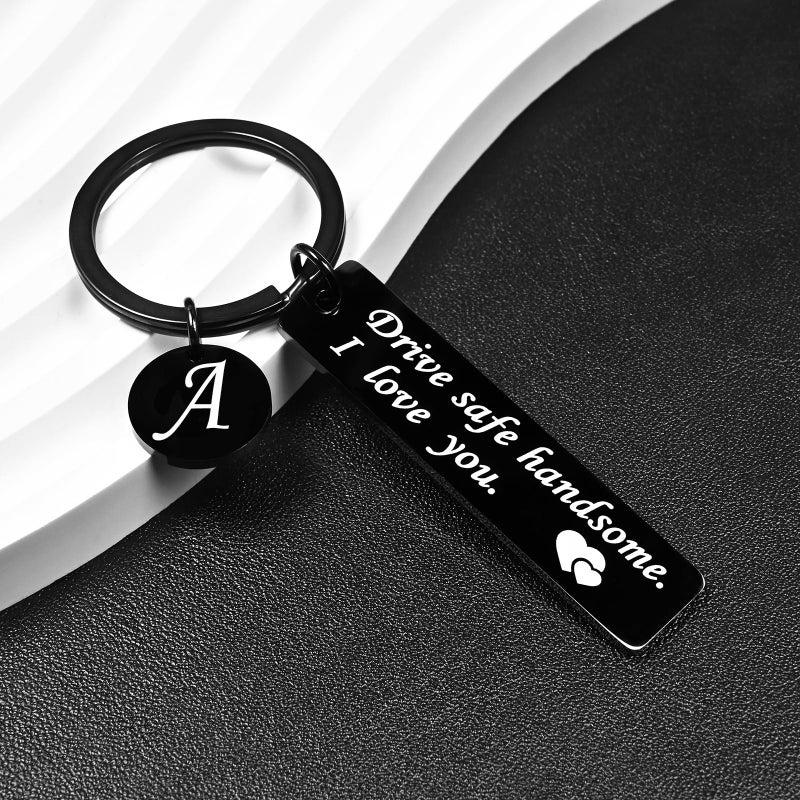 OUMILAN Drive Safe Keychain 26 Letters Keychain Gifts for Boyfriend Couple Husband Dad Birthday Christmas Valentines Day Gifts (A-Black) - Image 2