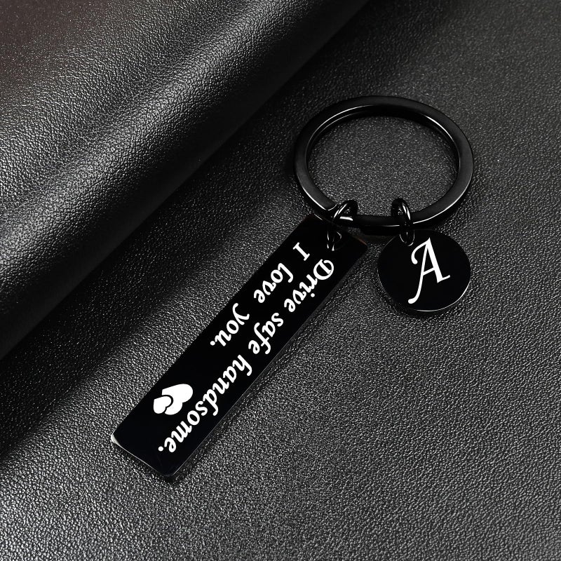 OUMILAN Drive Safe Keychain 26 Letters Keychain Gifts for Boyfriend Couple Husband Dad Birthday Christmas Valentines Day Gifts (A-Black) - Image 3