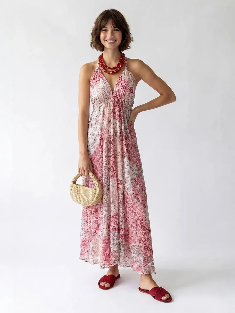 Mixray Multicolor MIXRAY Paisley Halter Maxi Dress for Women | Best Price UAE