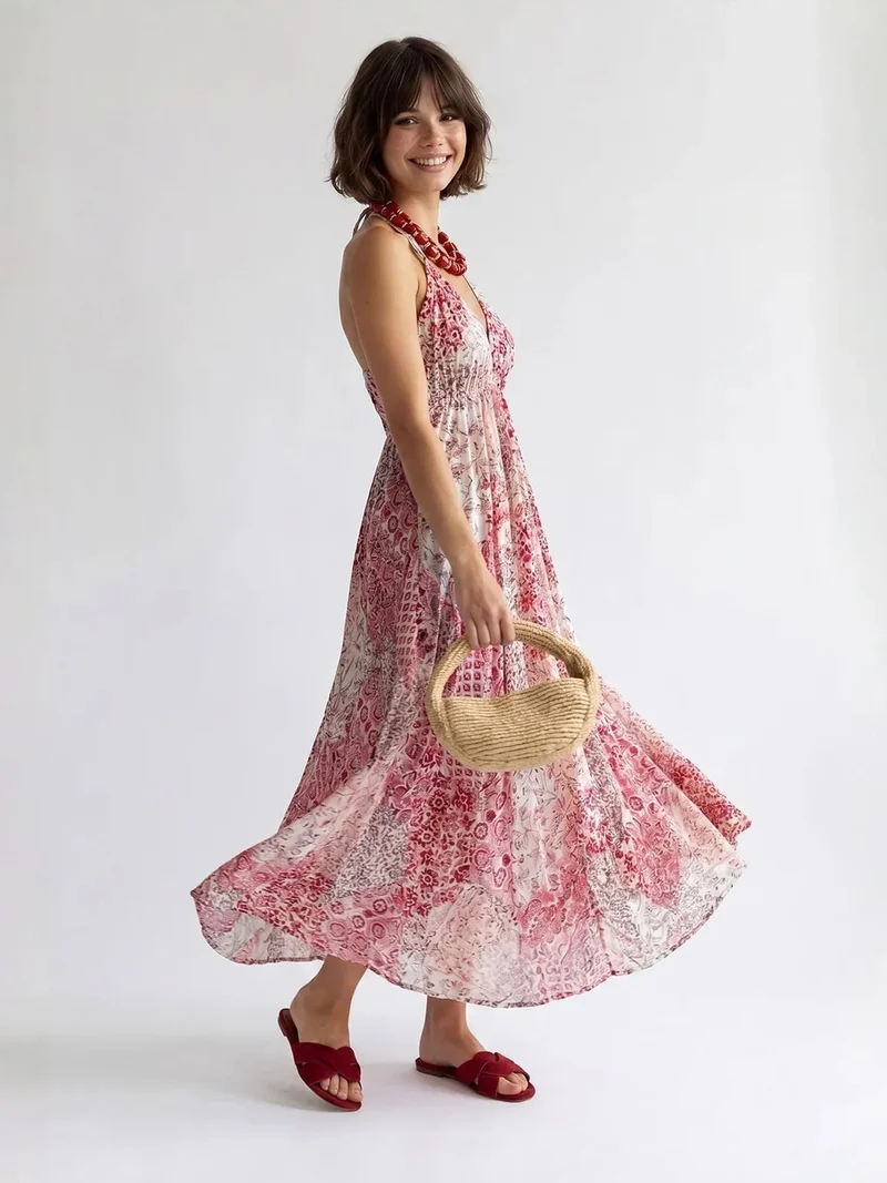 Mixray Multicolor MIXRAY Paisley Halter Maxi Dress for Women | Best Price UAE